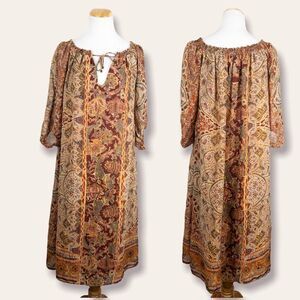 Zara Womens Caftan Midi Dress Size Small Paisley Like Print Orange Rust Boho